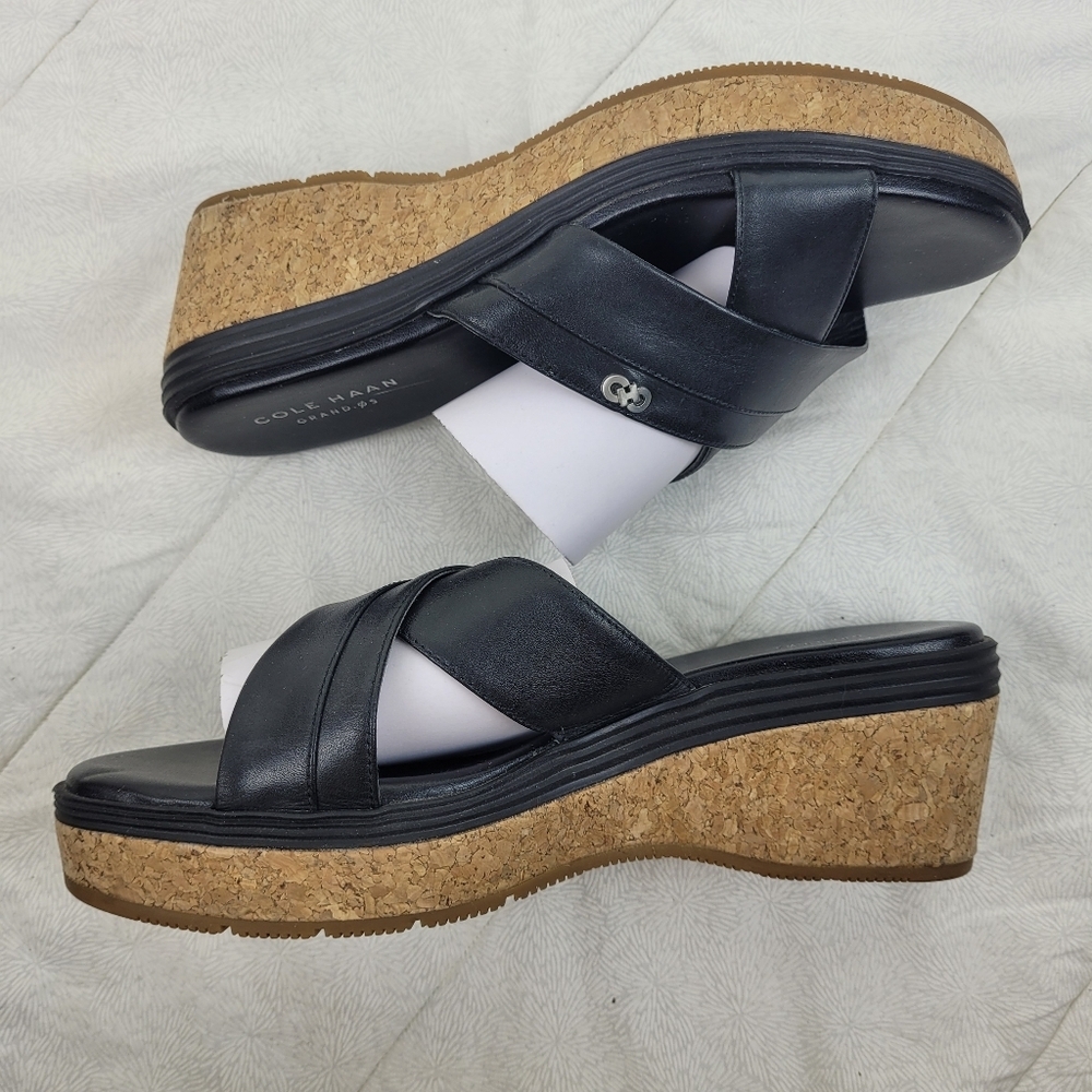 Cole Haan black leather cross design wedge sandals cork platform heel minimal 6 - Picture 6 of 12